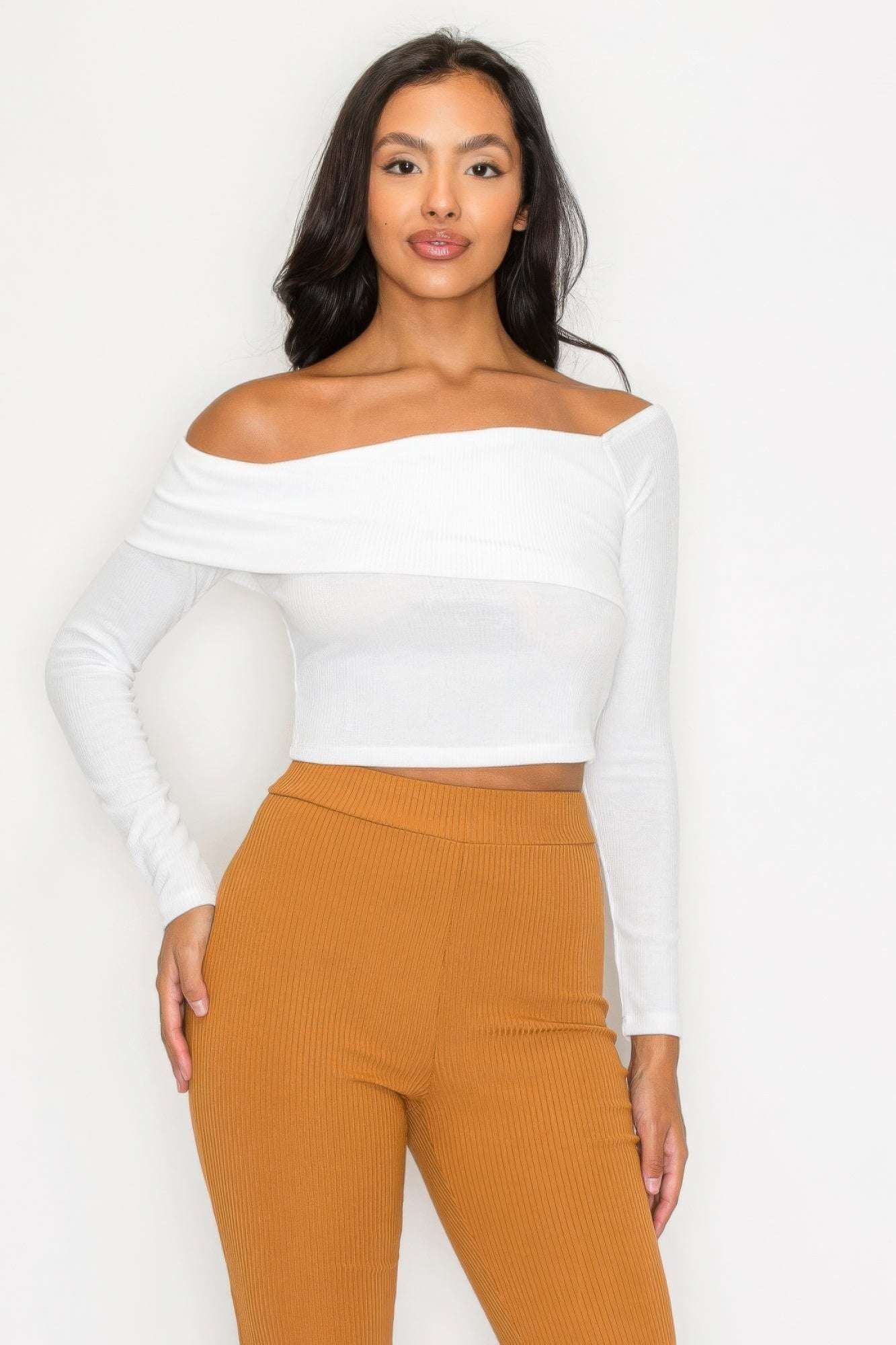 Bardot ribbed long sleeve crop top - The Diva Goddess