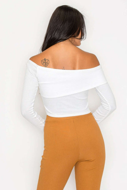 Bardot ribbed long sleeve crop top - The Diva Goddess