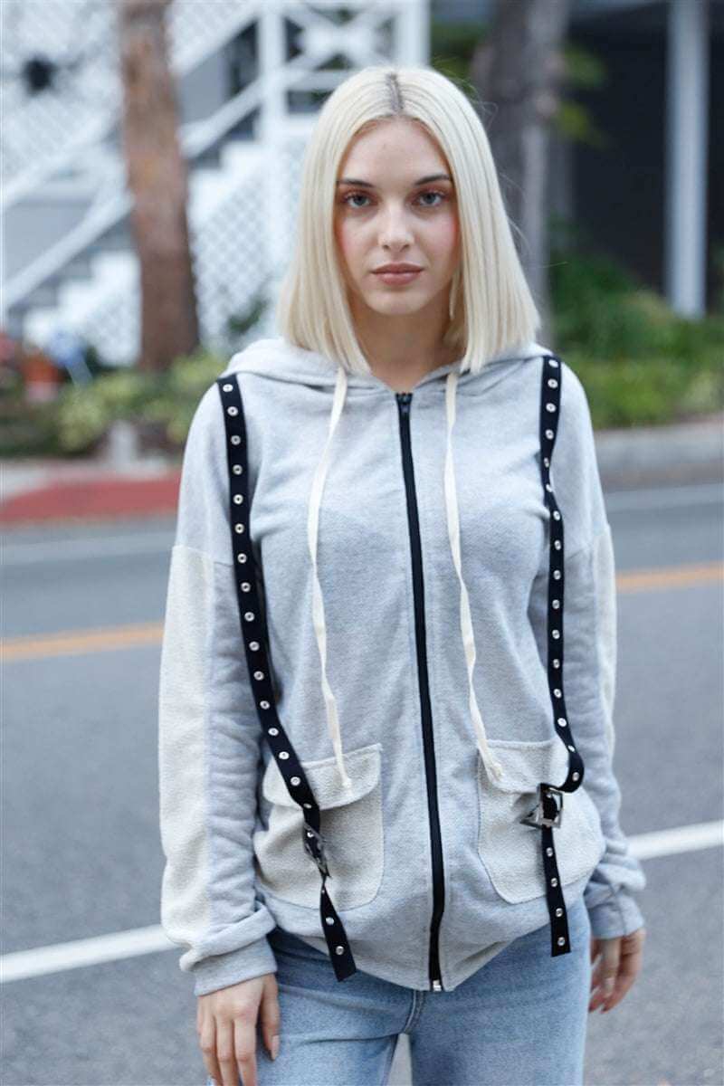 Belt & Reversed Details Zip-up Hooded Sweater - The Diva Goddess