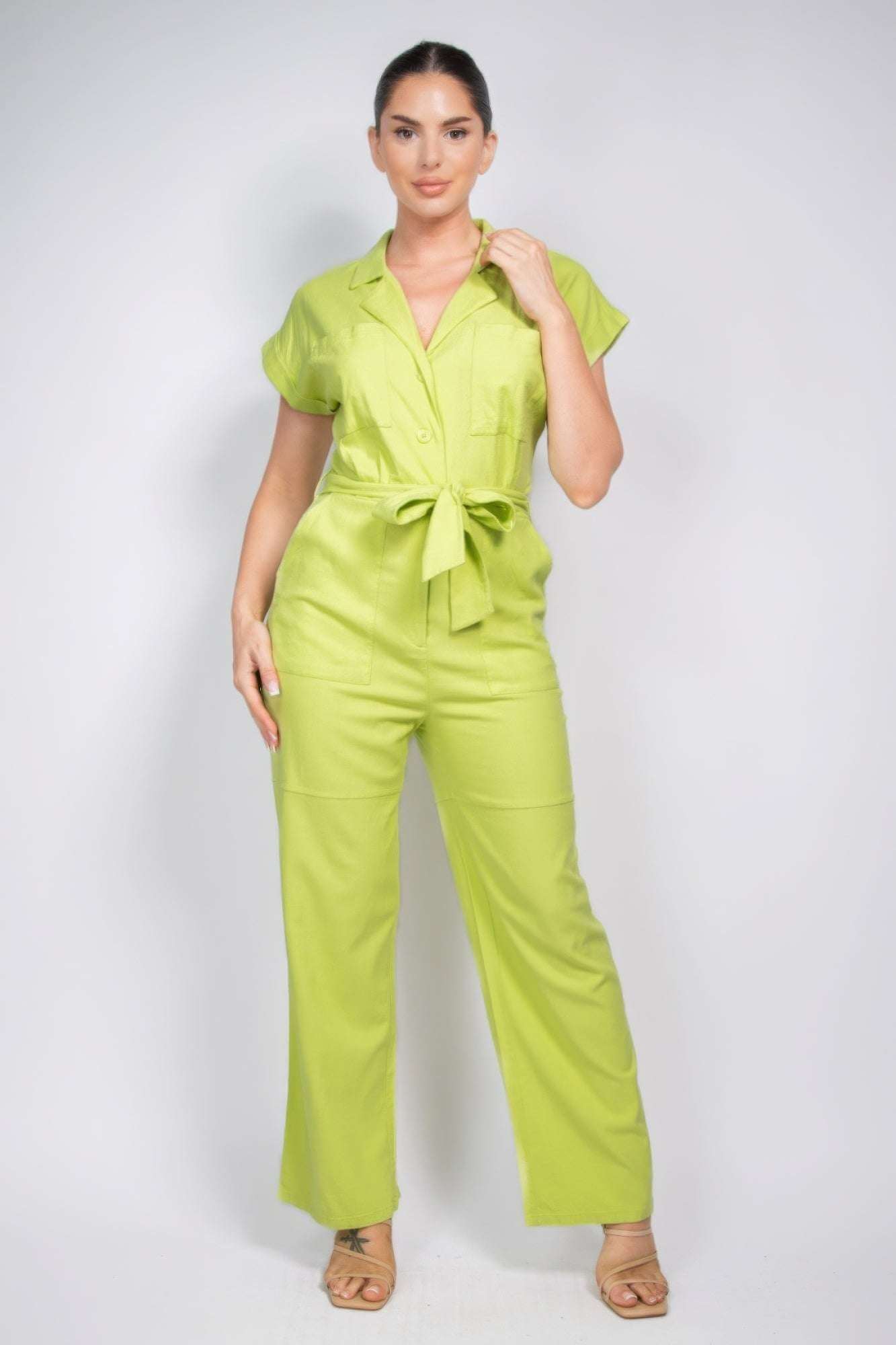 Belted Button-down Linen Jumpsuit - The Diva Goddess