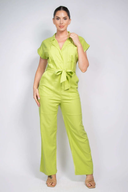 Belted Button-down Linen Jumpsuit - The Diva Goddess