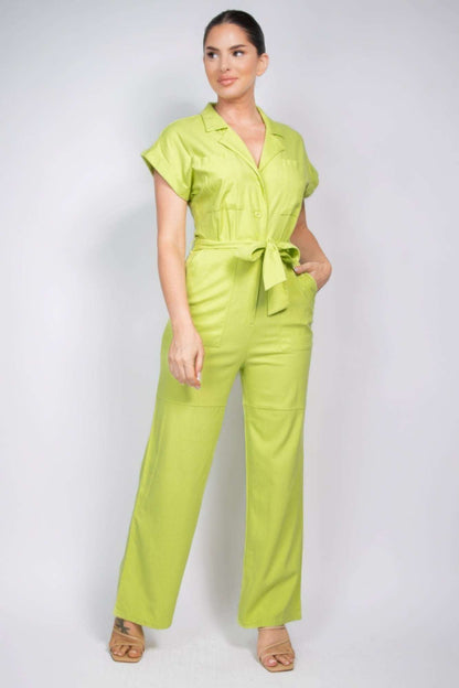 Belted Button-down Linen Jumpsuit - The Diva Goddess