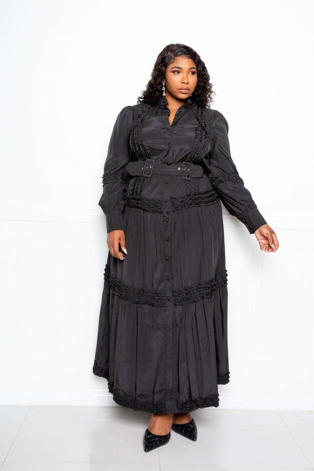 Belted Shirt Dress With Ruffle Detail - The Diva Goddess