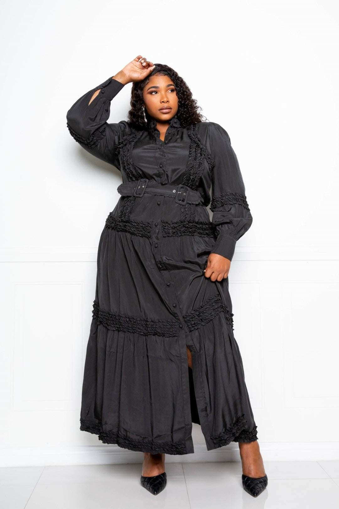 Belted Shirt Dress With Ruffle Detail - The Diva Goddess