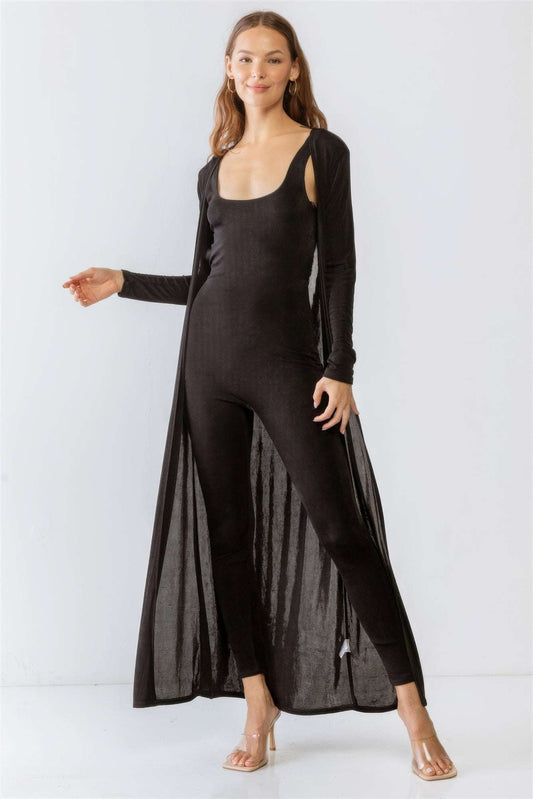 Black Sleeveless Cut-out Detail Slim Fit Jumpsuit & Open Front Long Sleeve Cardigan Set - The Diva Goddess