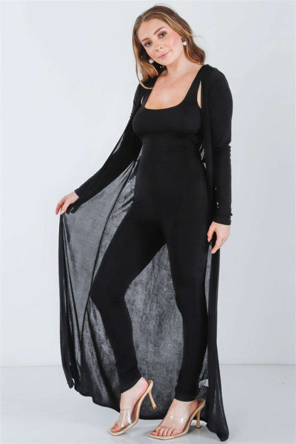 Black Sleeveless Cut-out Detail Slim Fit Jumpsuit & Open Front Long Sleeve Cardigan Set - The Diva Goddess