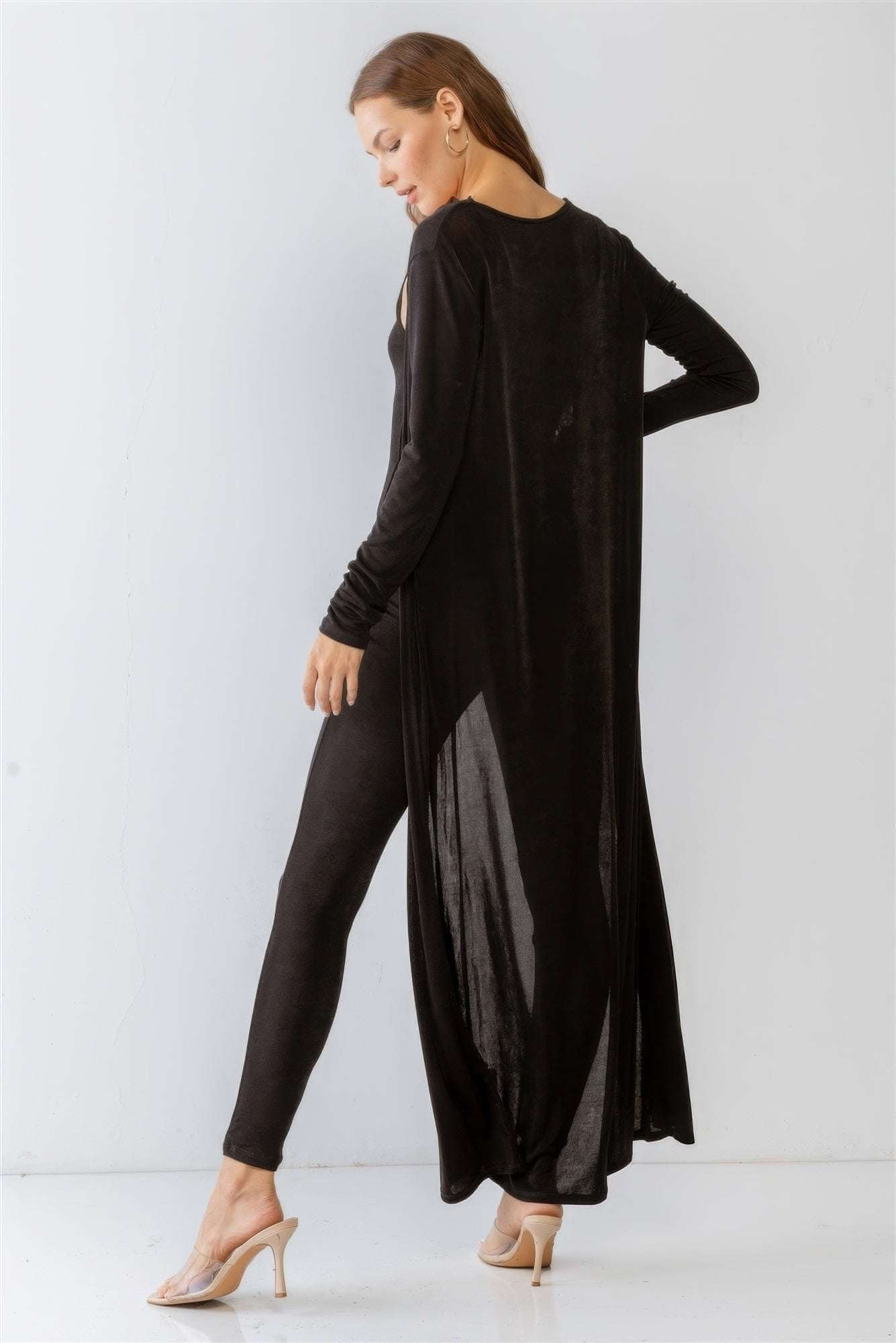 Black Sleeveless Cut-out Detail Slim Fit Jumpsuit & Open Front Long Sleeve Cardigan Set - The Diva Goddess