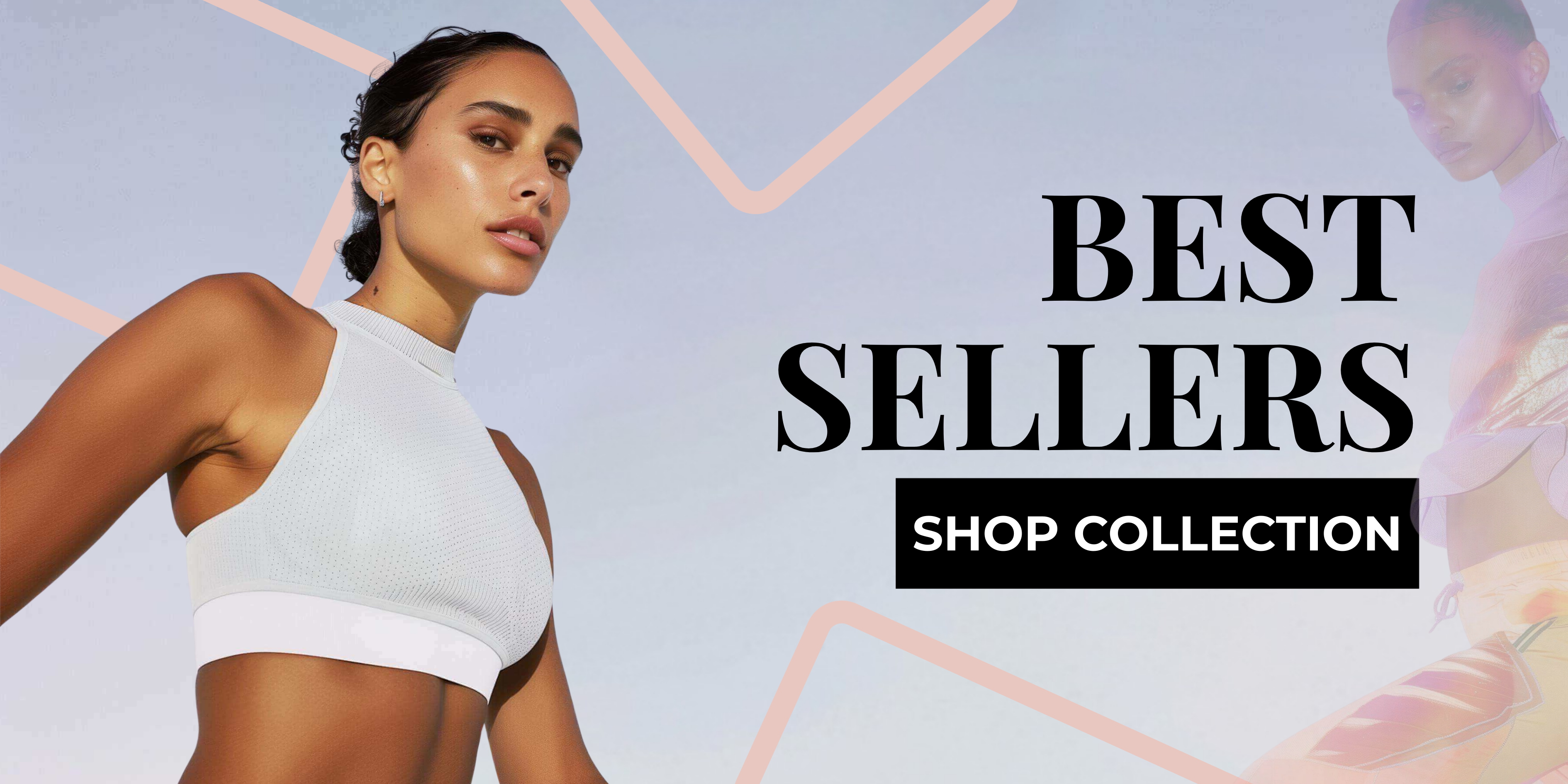 Woman in athletic wear with 'Best Sellers' text on a light blue background