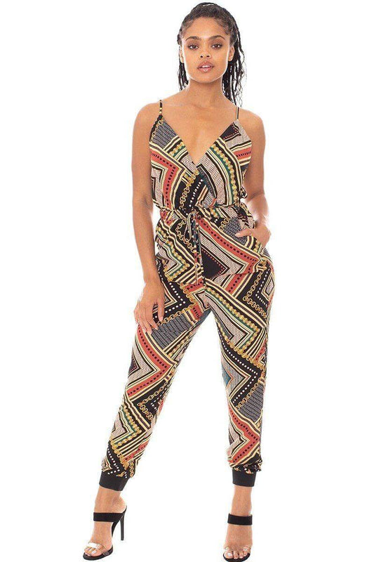 Boarder Print Wrap Drawstring Waist Jumpsuit - The Diva Goddess