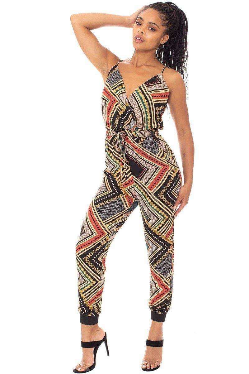 Boarder Print Wrap Drawstring Waist Jumpsuit - The Diva Goddess