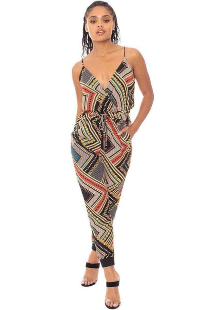 Boarder Print Wrap Drawstring Waist Jumpsuit - The Diva Goddess