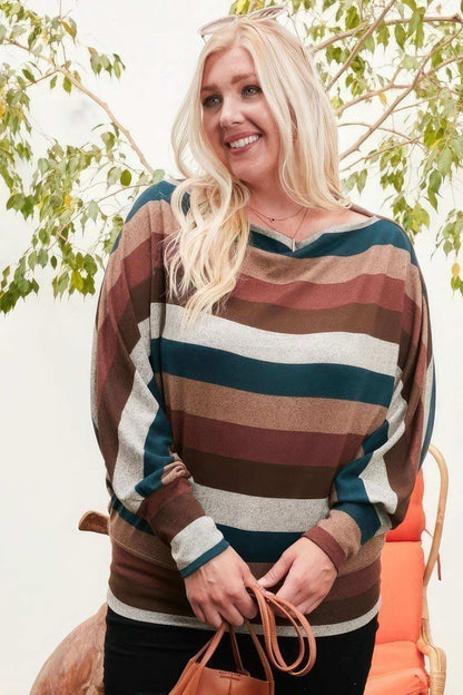 Boat Neck Long Bubble Sleeve Multi Stripe Print Knit Top - The Diva Goddess