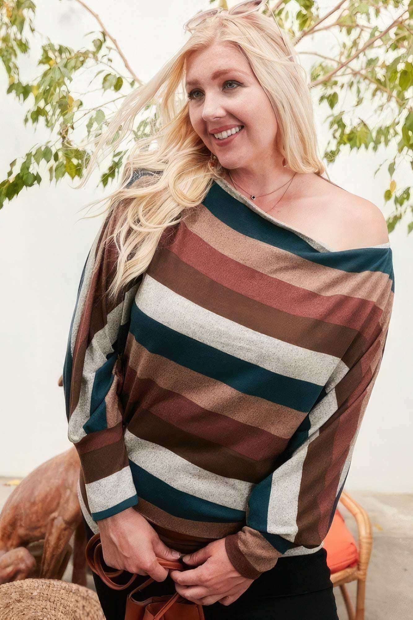 Boat Neck Long Bubble Sleeve Multi Stripe Print Knit Top - The Diva Goddess