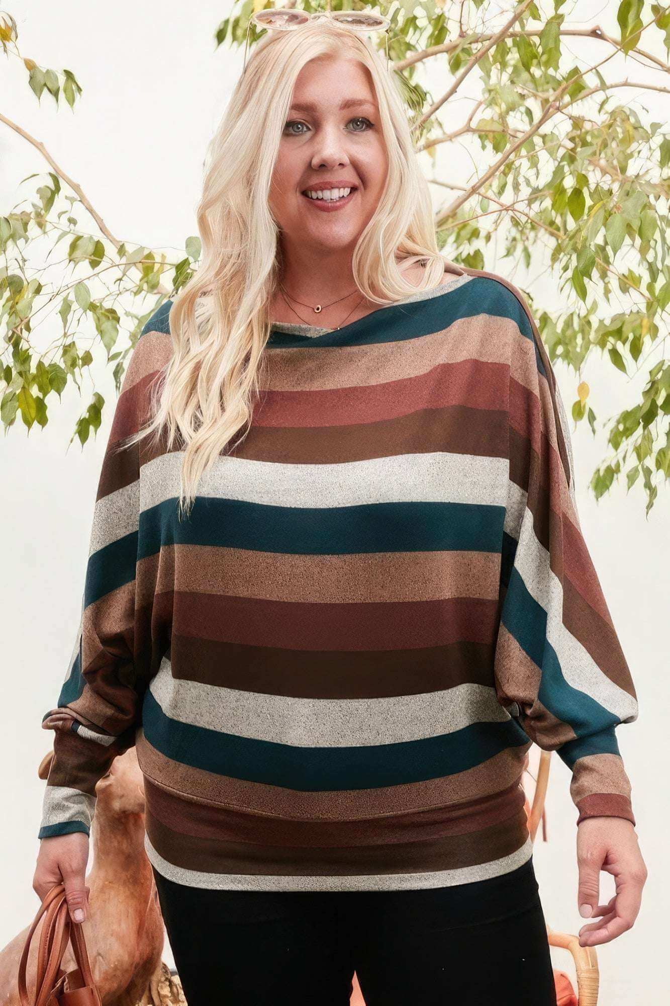 Boat Neck Long Bubble Sleeve Multi Stripe Print Knit Top - The Diva Goddess