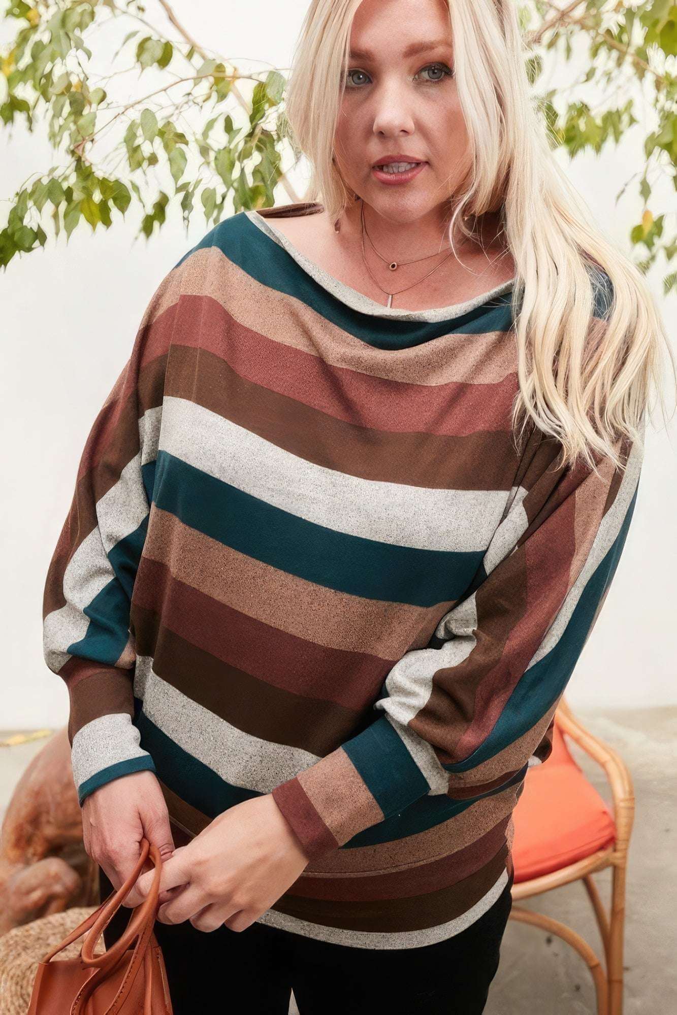 Boat Neck Long Bubble Sleeve Multi Stripe Print Knit Top - The Diva Goddess