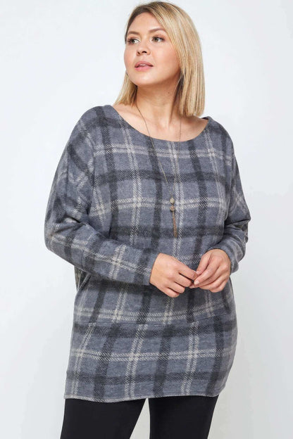 Boat Neck, Plaid Print Tunic Top, With Long Dolman Sleeves - The Diva Goddess