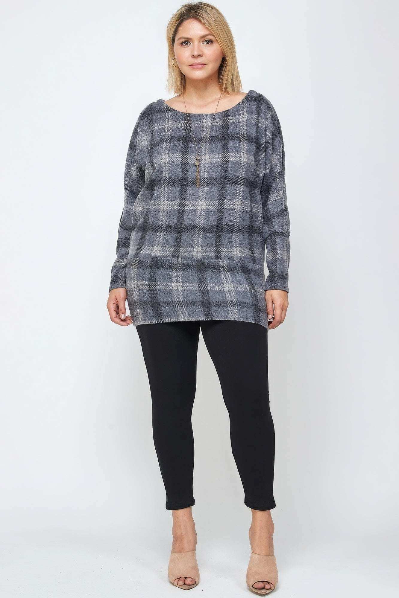 Boat Neck, Plaid Print Tunic Top, With Long Dolman Sleeves - The Diva Goddess