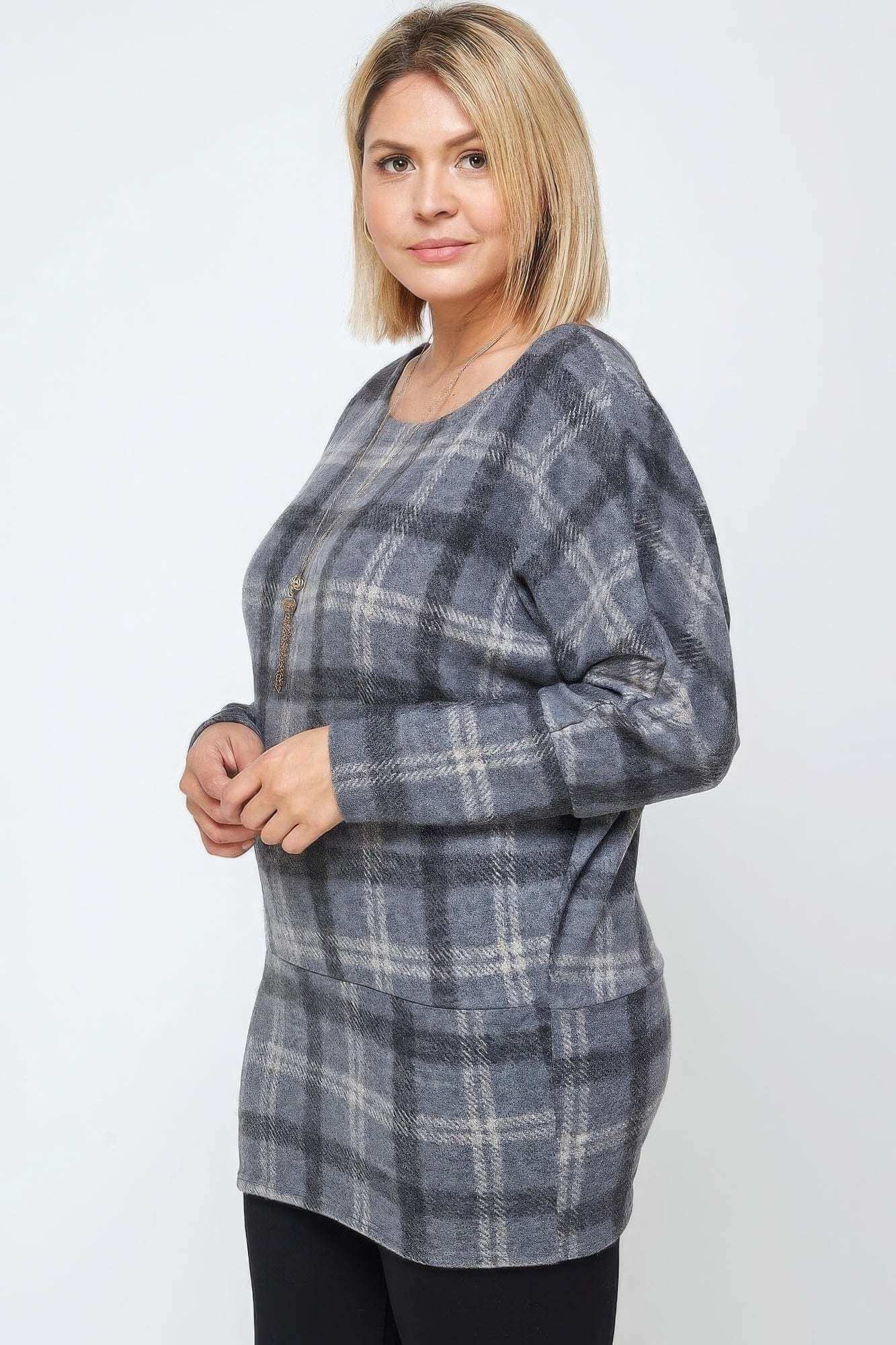 Boat Neck, Plaid Print Tunic Top, With Long Dolman Sleeves - The Diva Goddess