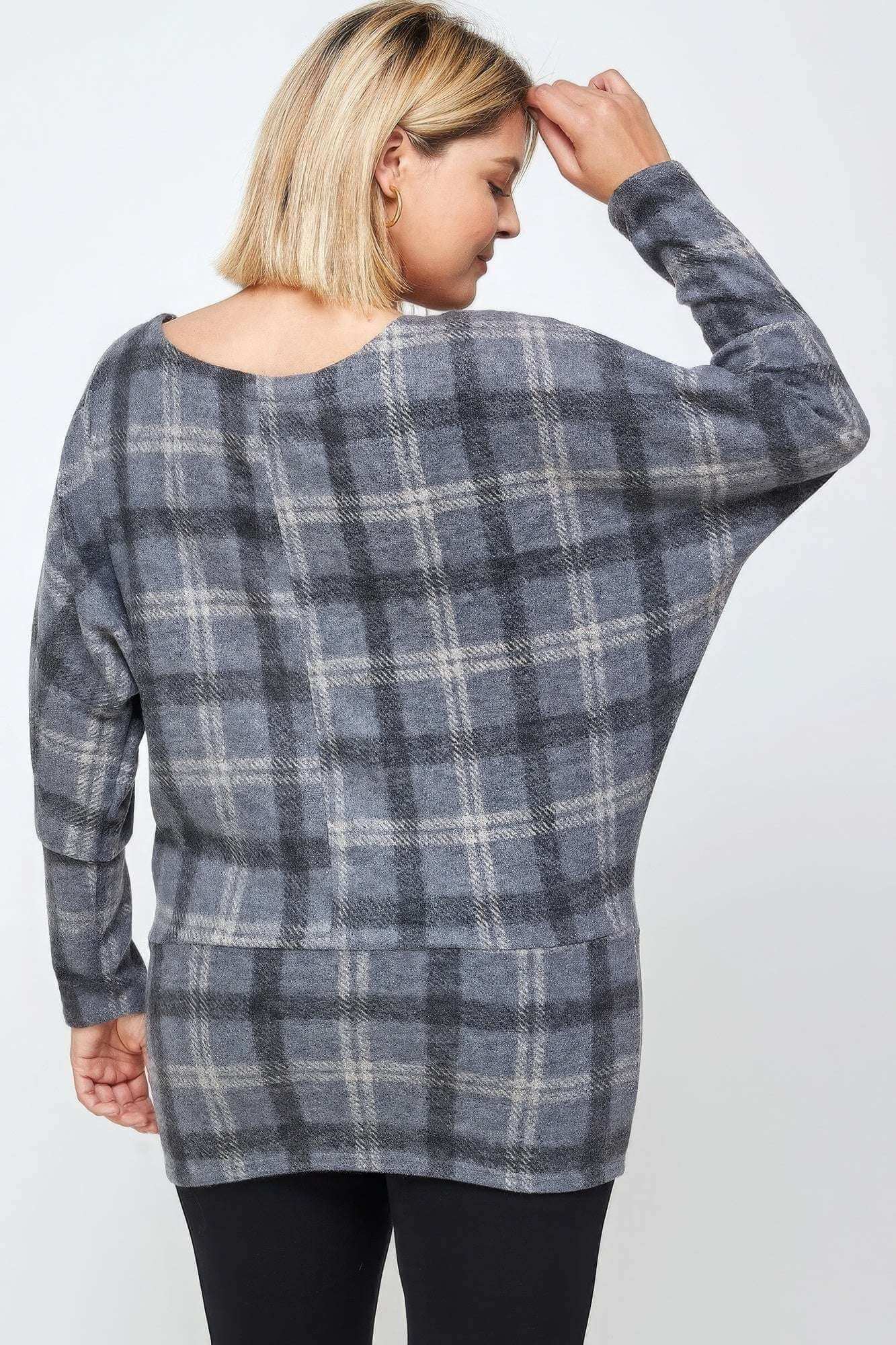 Boat Neck, Plaid Print Tunic Top, With Long Dolman Sleeves - The Diva Goddess