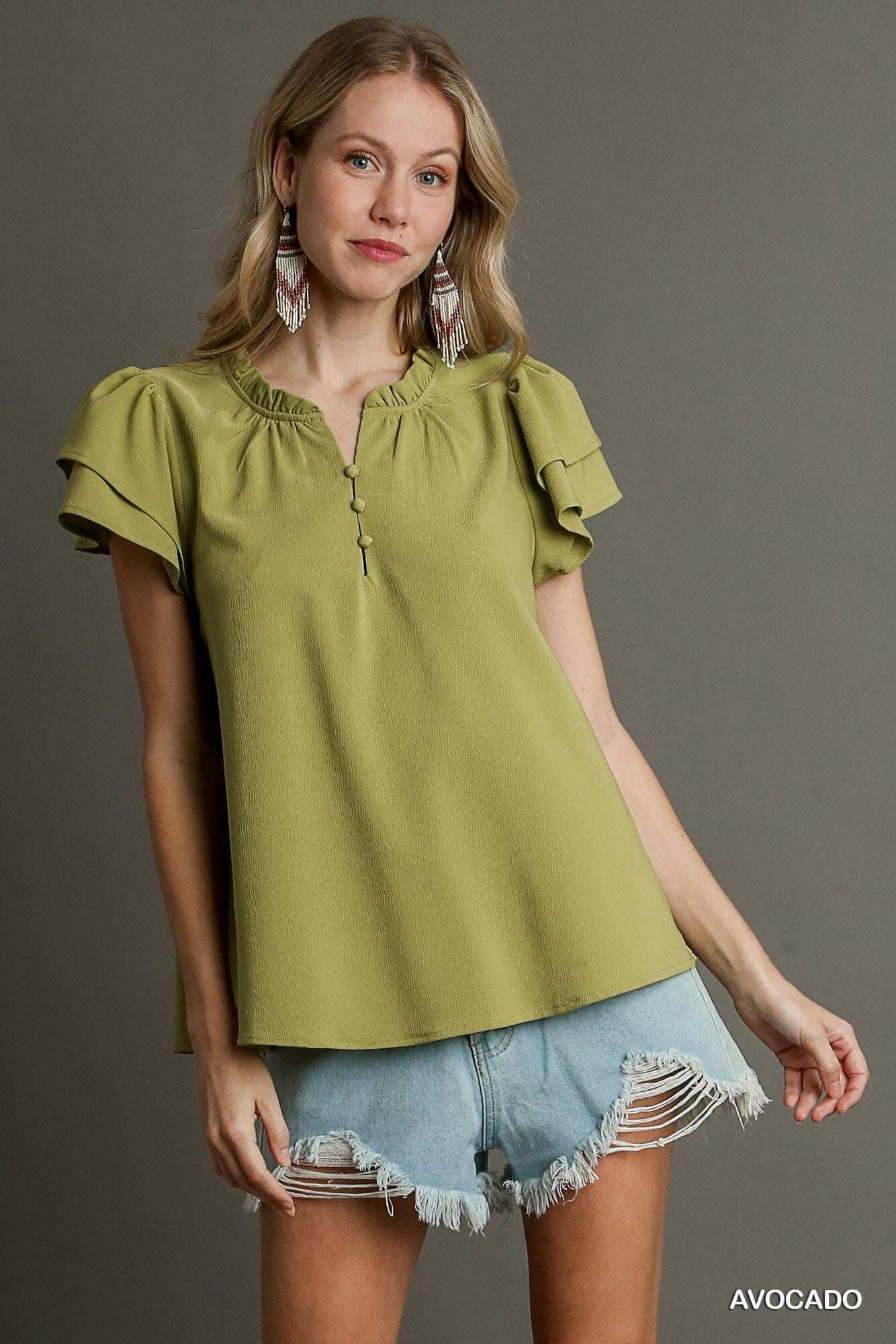 Boxy Cut Faux Button Ruffle Neckline Top With Short Layered Sleeves - The Diva Goddess