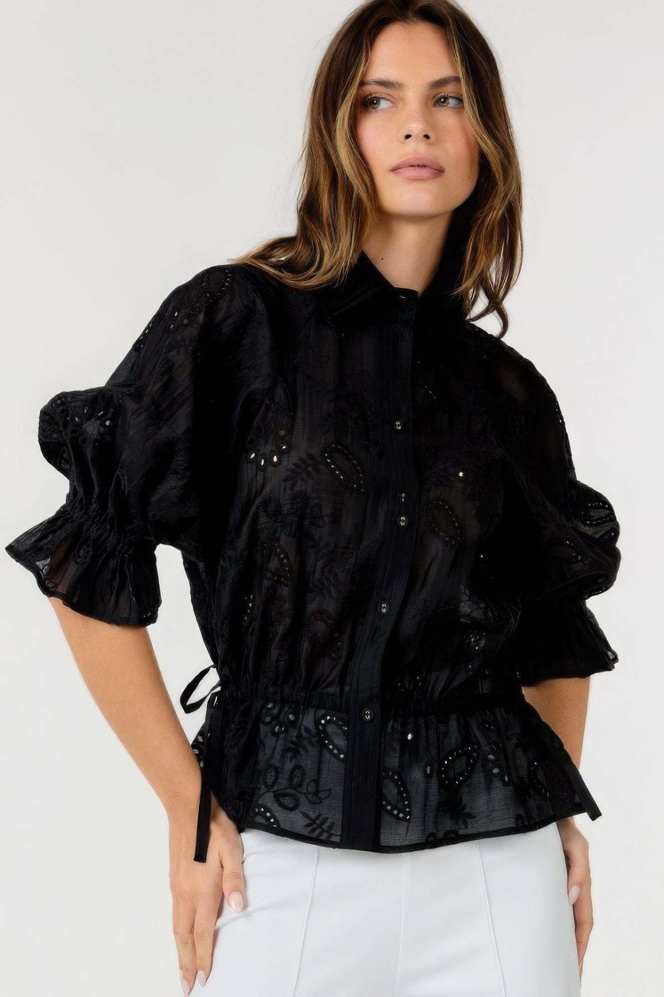 Button-down Collar Neck Embroidered Top - The Diva Goddess