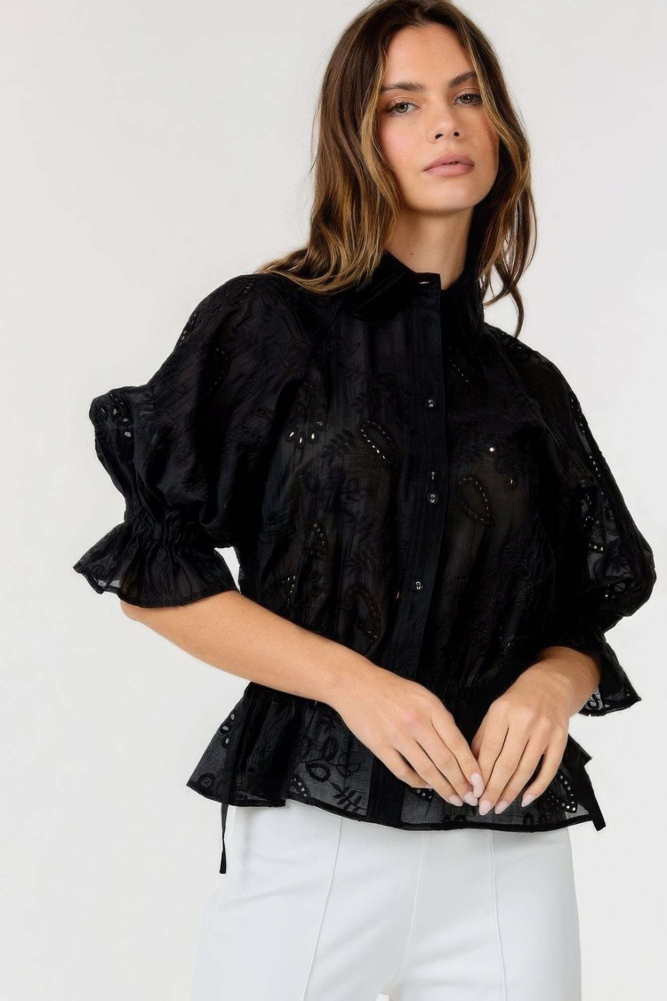 Button-down Collar Neck Embroidered Top - The Diva Goddess