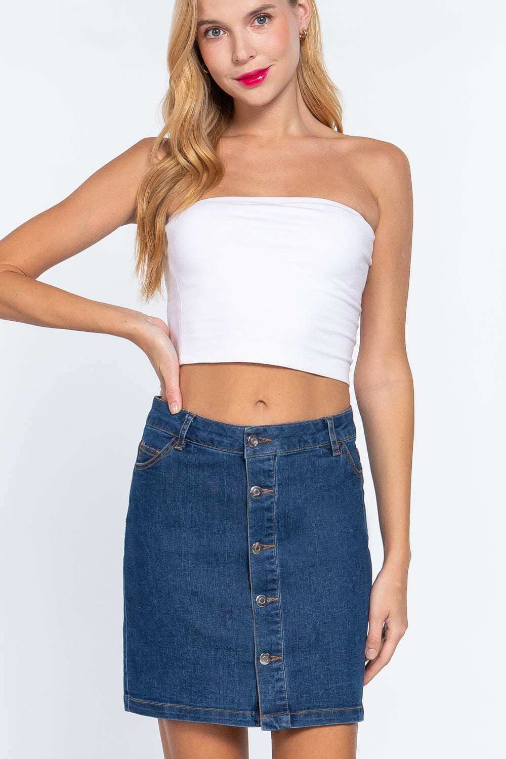 Buttoned Stretch Denim Mini Skirt - The Diva Goddess