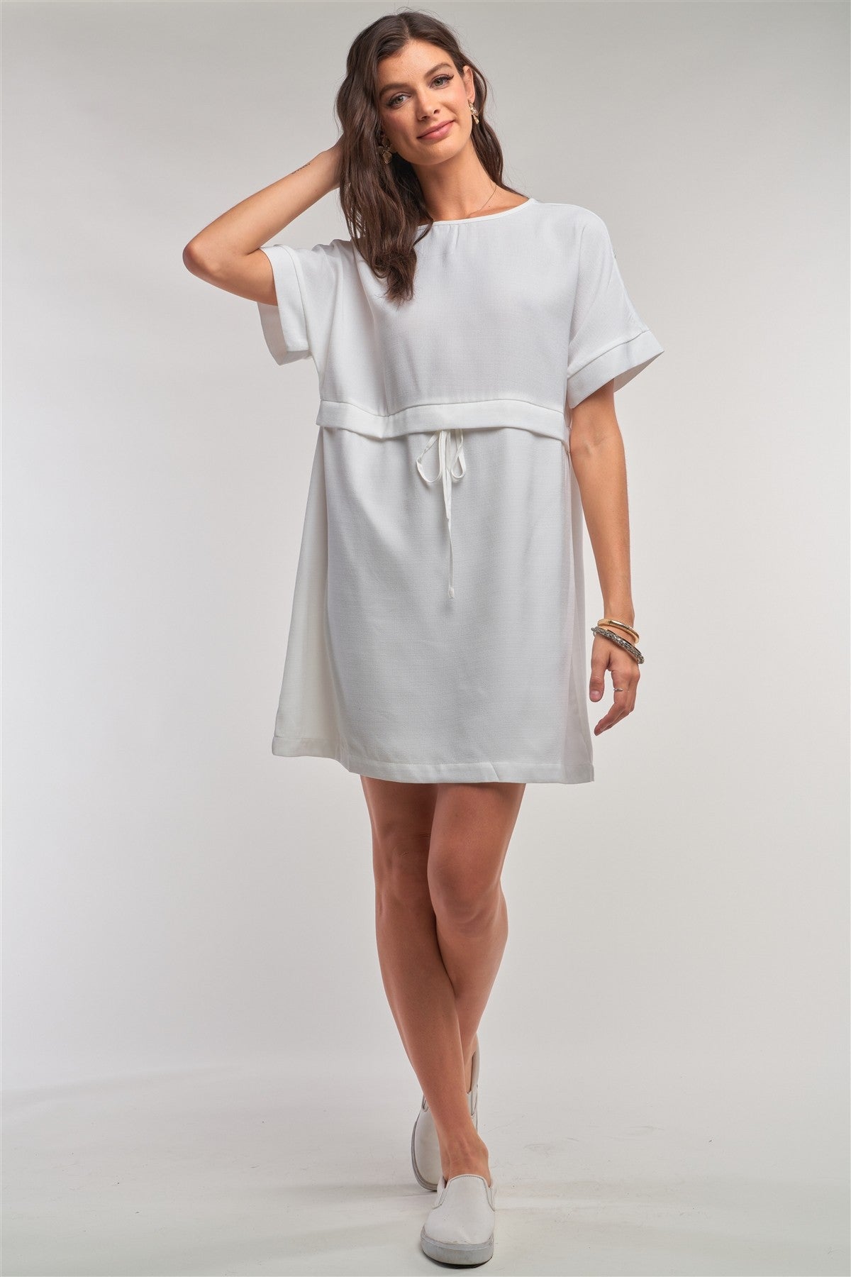 Off-White Short Sleeve Draw String Tie Waist Mini Dress