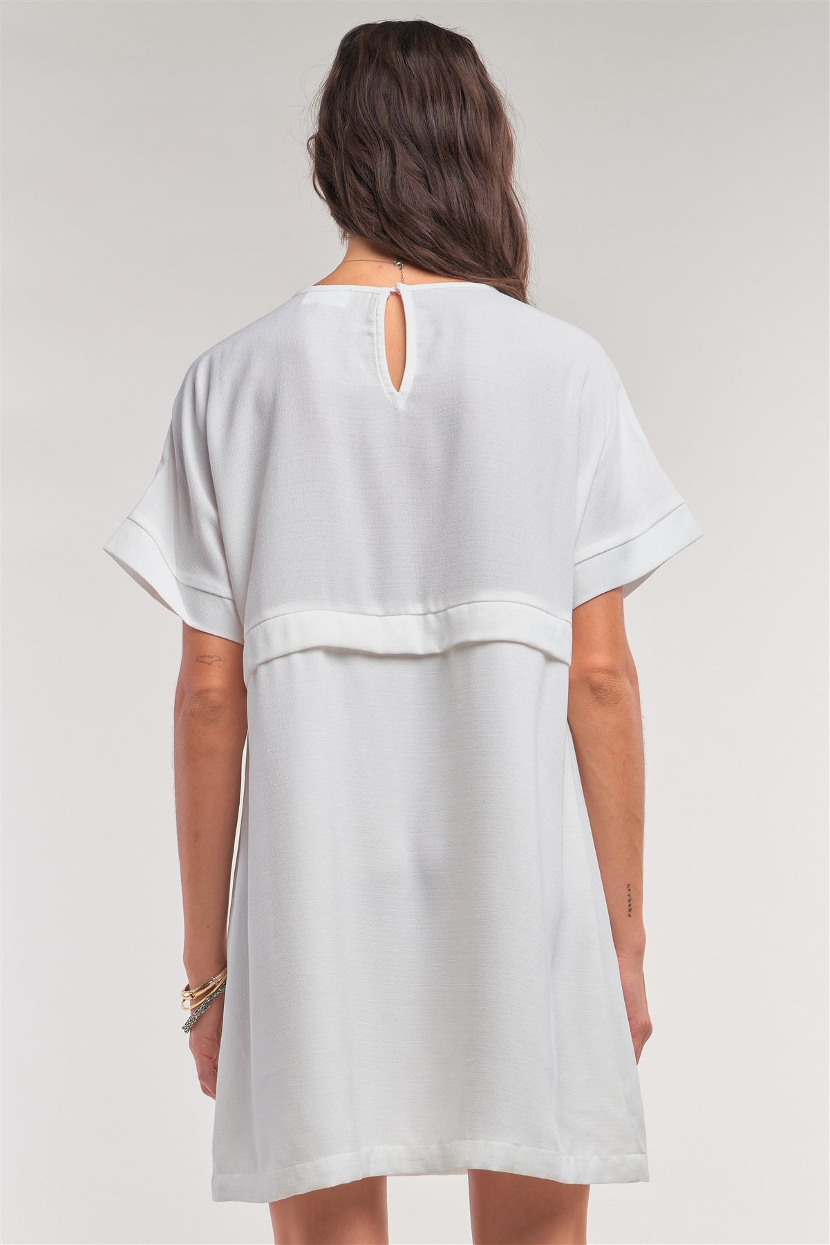 Off-White Short Sleeve Draw String Tie Waist Mini Dress