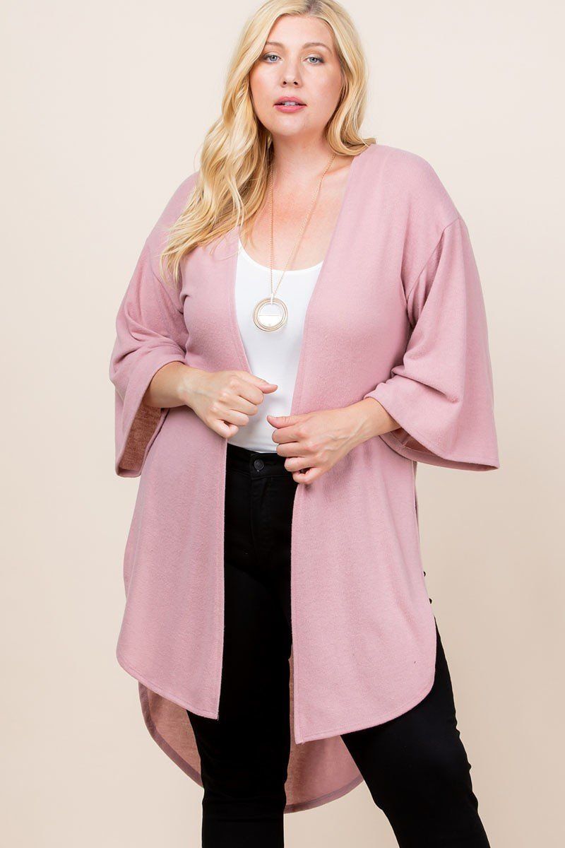 Plus Size Solid Long Cardigan With Bell Sleeves