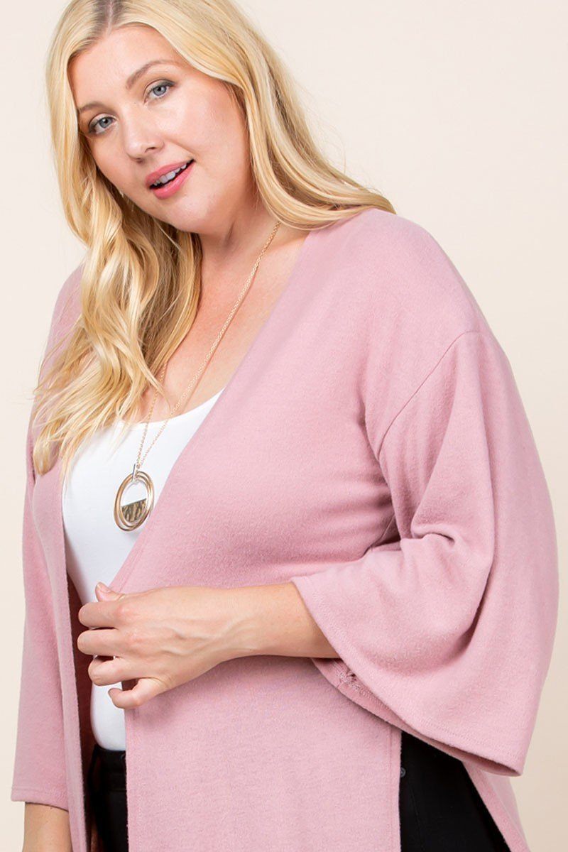 Plus Size Solid Long Cardigan With Bell Sleeves