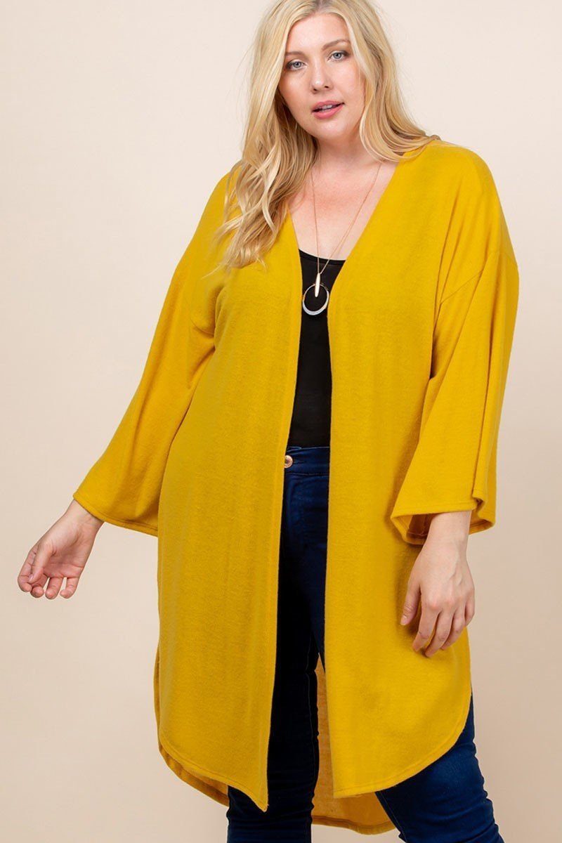 Plus Size Solid Long Cardigan With Bell Sleeves