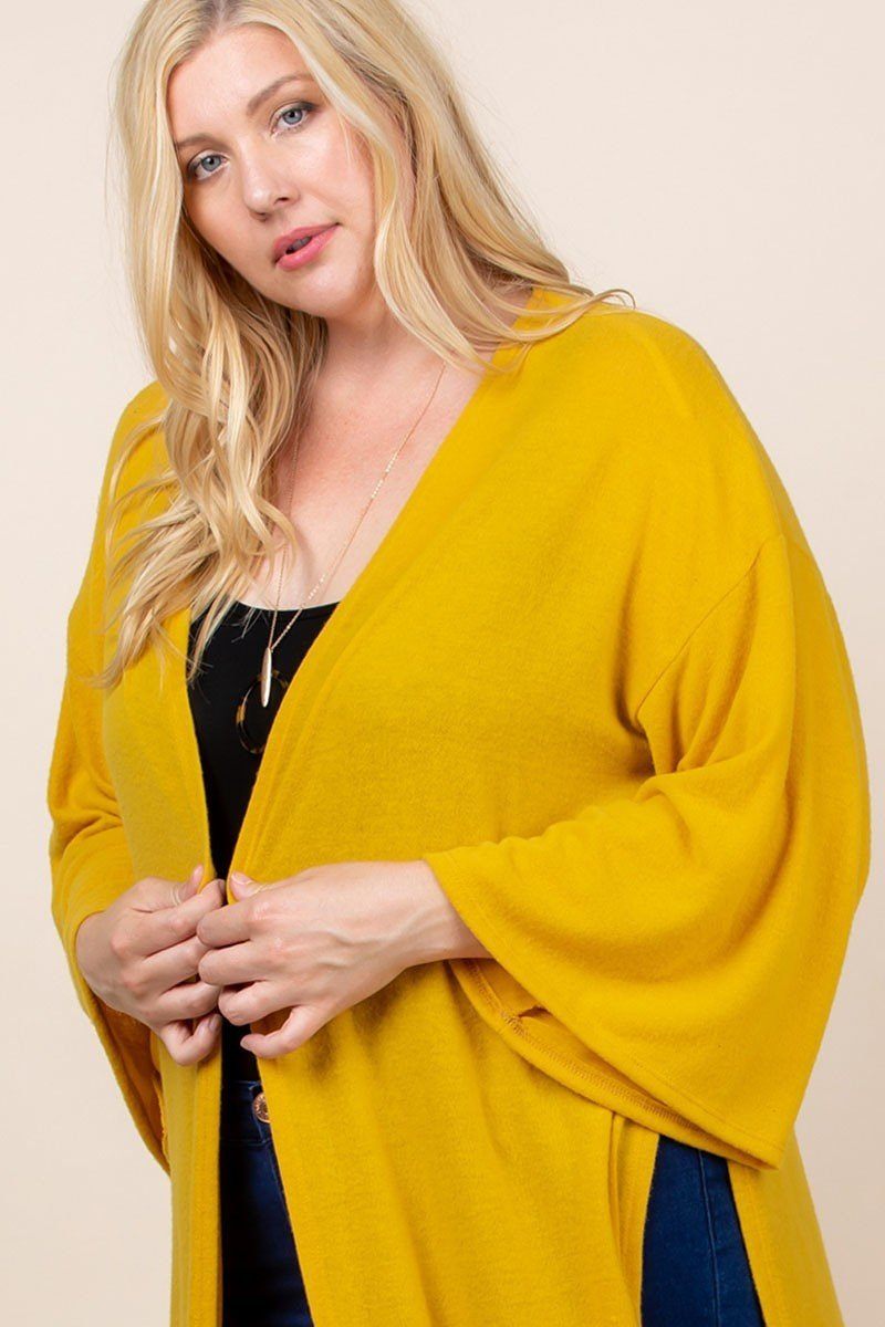 Plus Size Solid Long Cardigan With Bell Sleeves