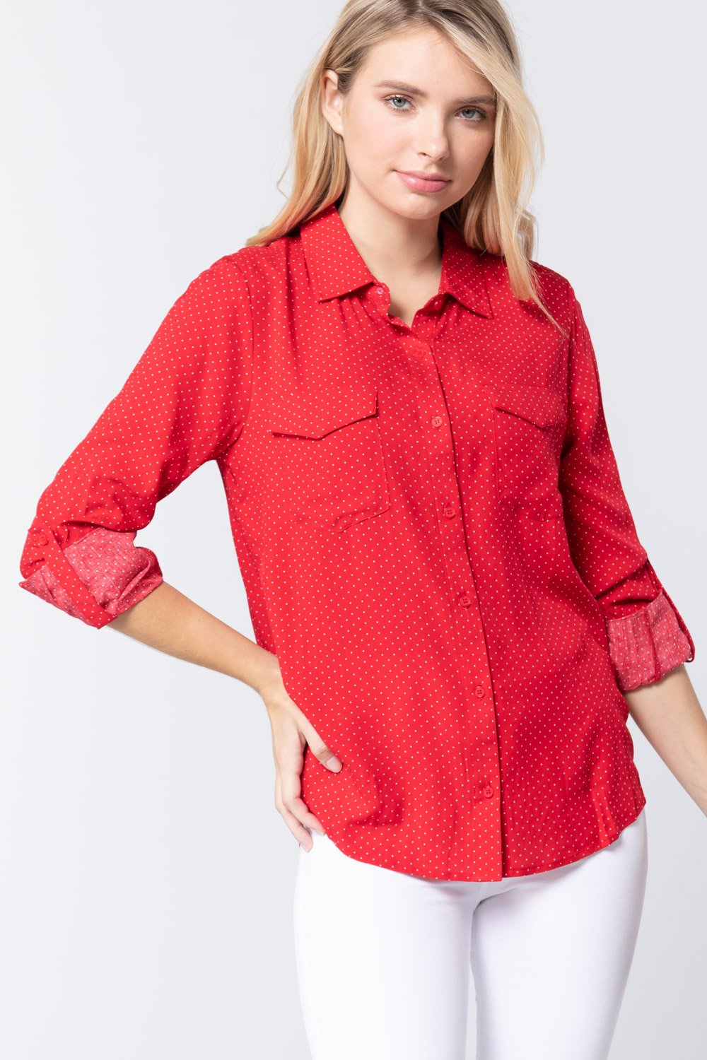 3/4 Roll Up Sleeve Dot Print Shirt