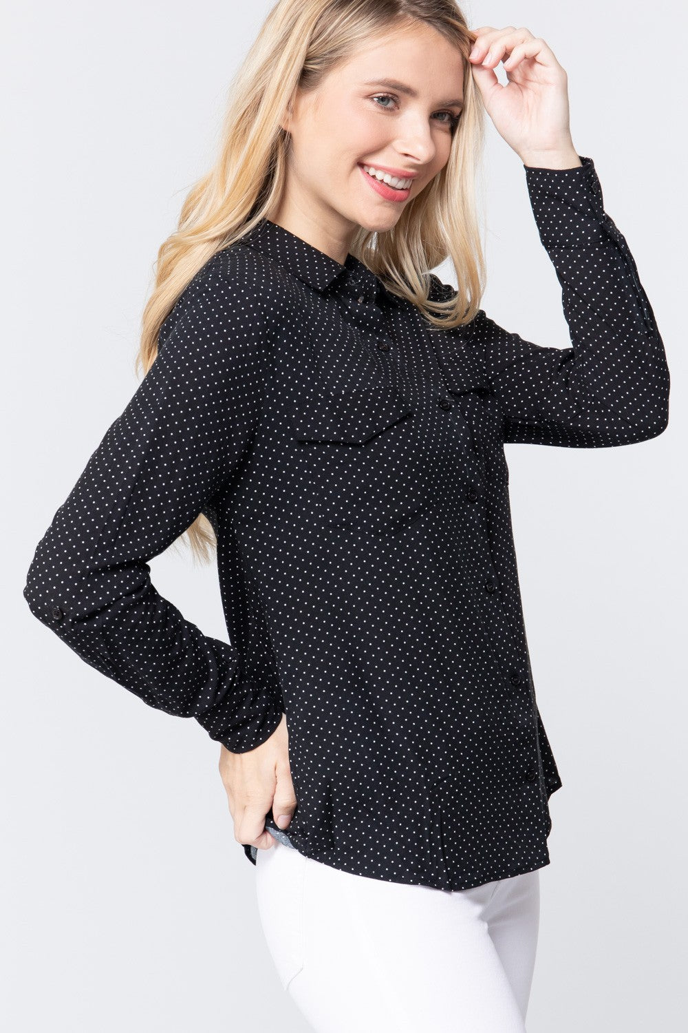 3/4 Roll Up Sleeve Dot Print Shirt