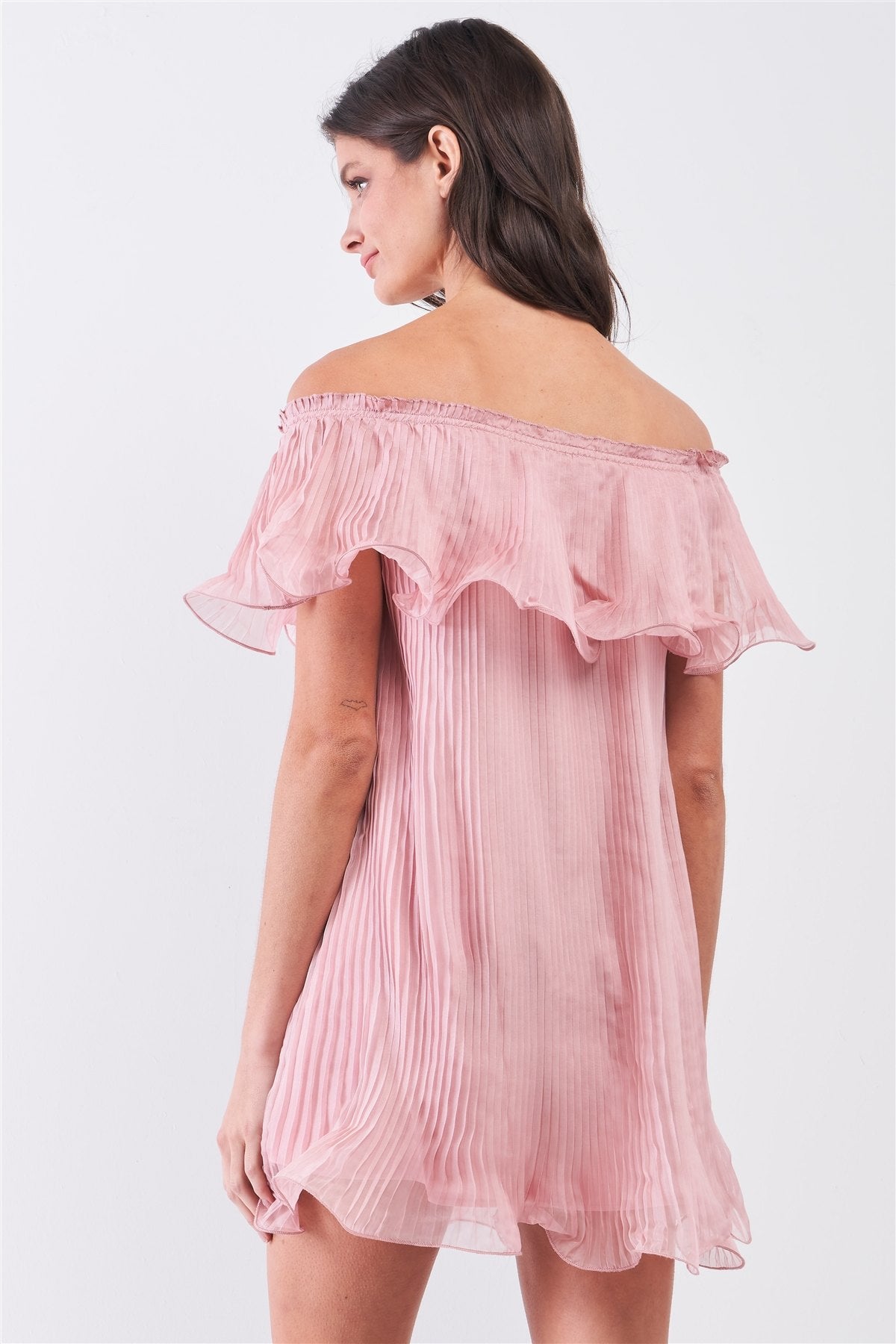 Pink Pleated Off Shoulder Double Layered Mini Dress