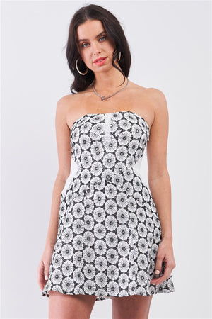 White & Black Floral Crochet Sleeveless Strapless Smock Back Detail Mini Dress