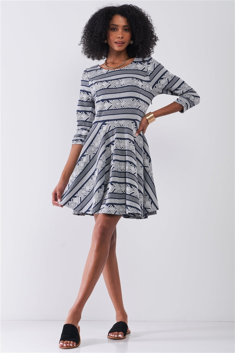 Navy & White Multi Print 3/4 Sleeve A-line Mini Dress