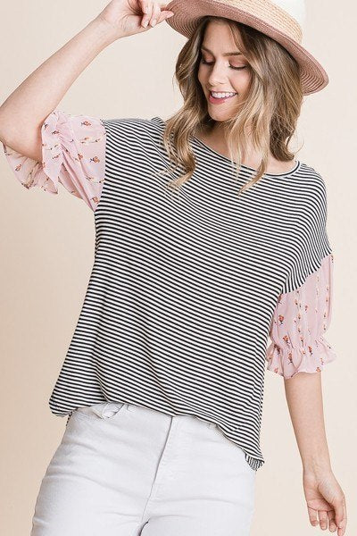 Cute Striped Curved Hem Casual Top