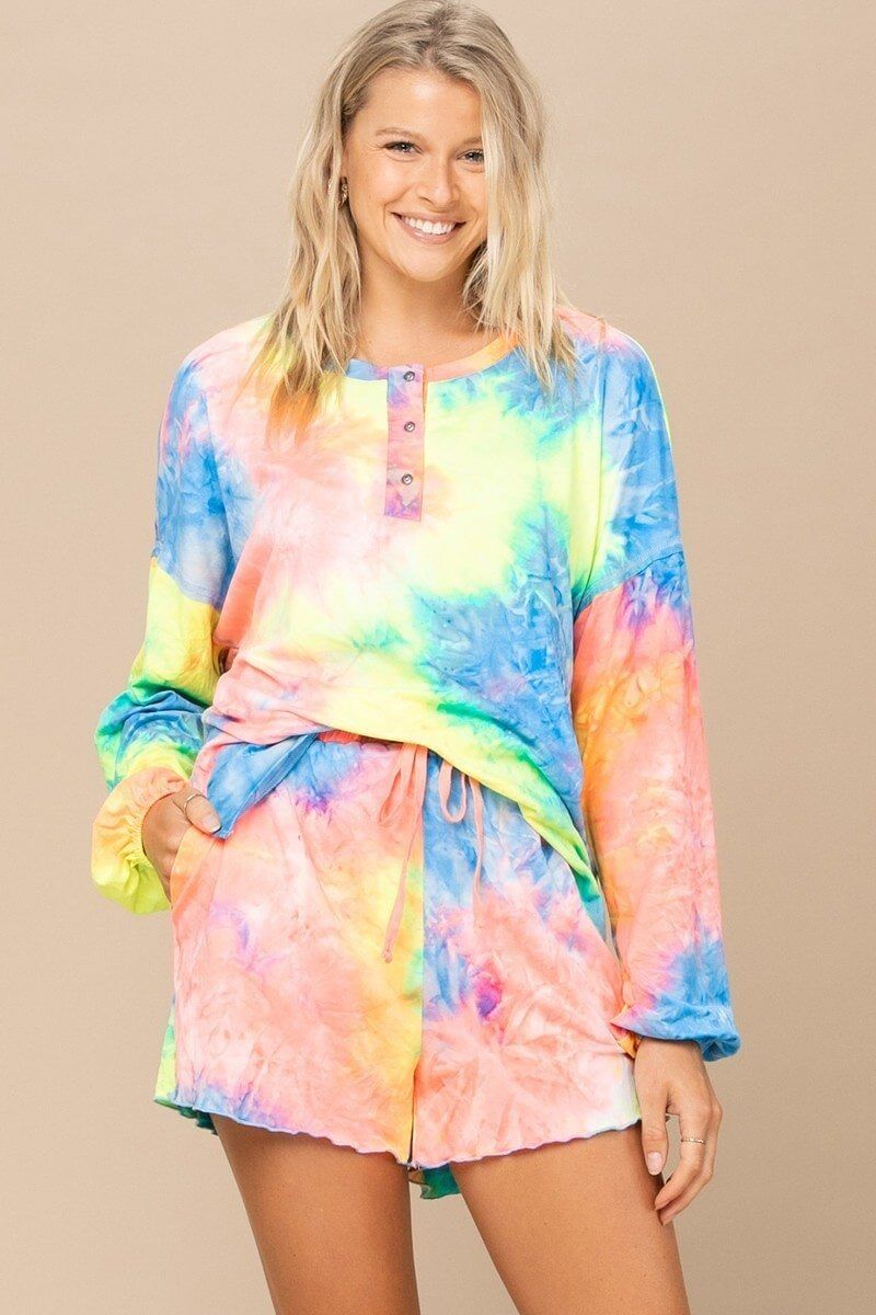 Tie-dye Printed Knit Top And Shorts Set