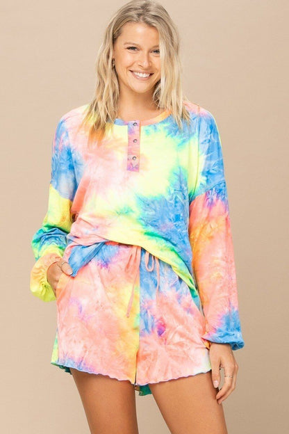 Tie-dye Printed Knit Top And Shorts Set