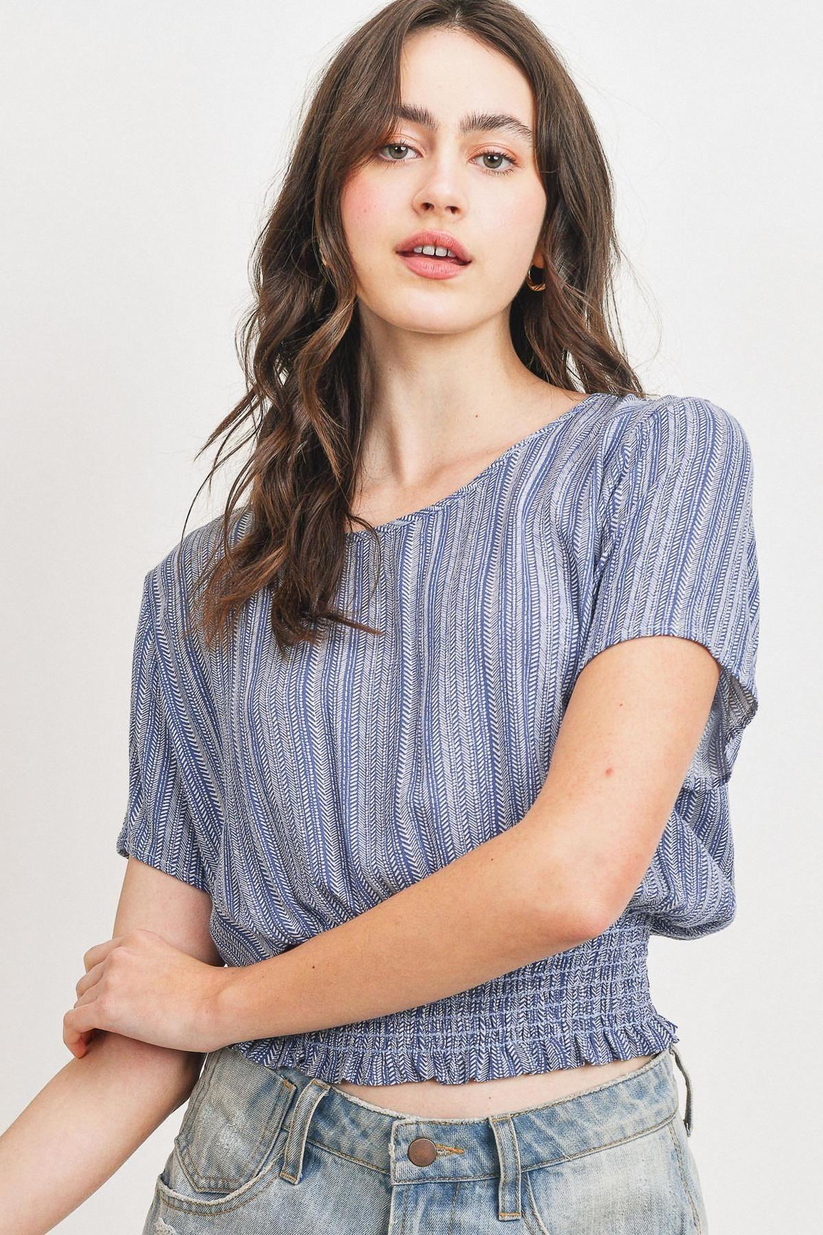 Woven Printed Crinkle Gauze Waist Smocking Short Sleeve Top