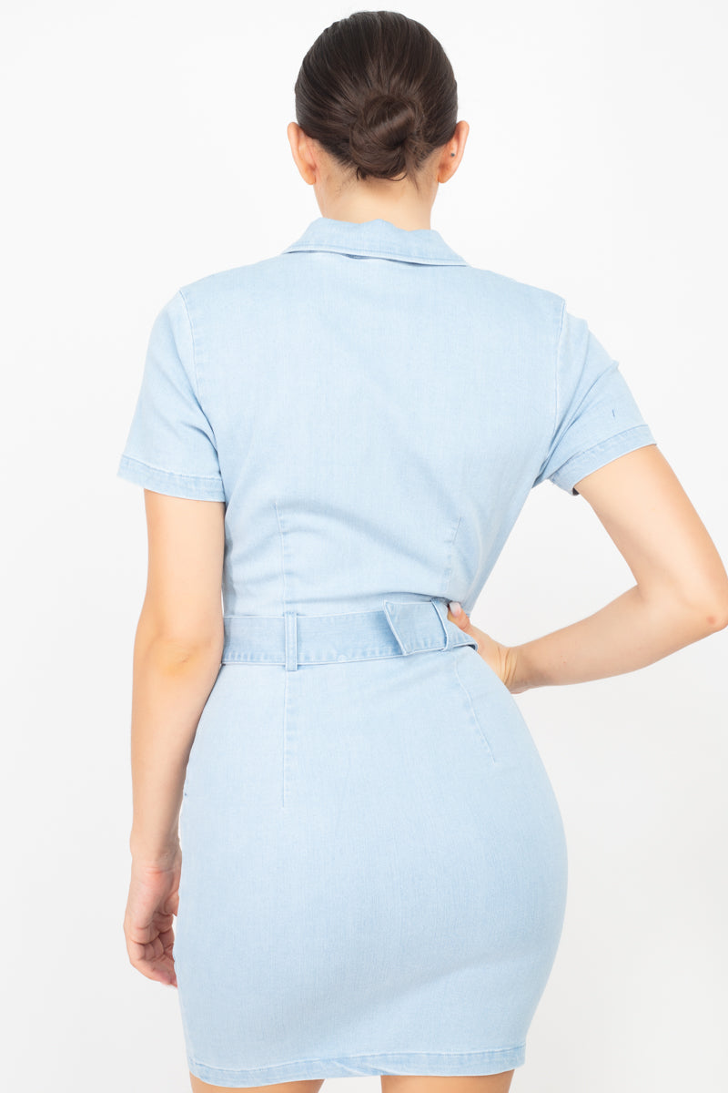 Belted Bodycon Collared Denim Dress