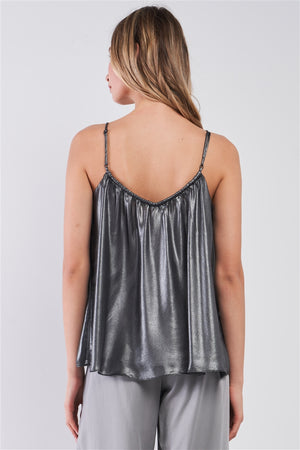 Silver Black Soft V-neck Sleeveless Gathered Loose Fit Top