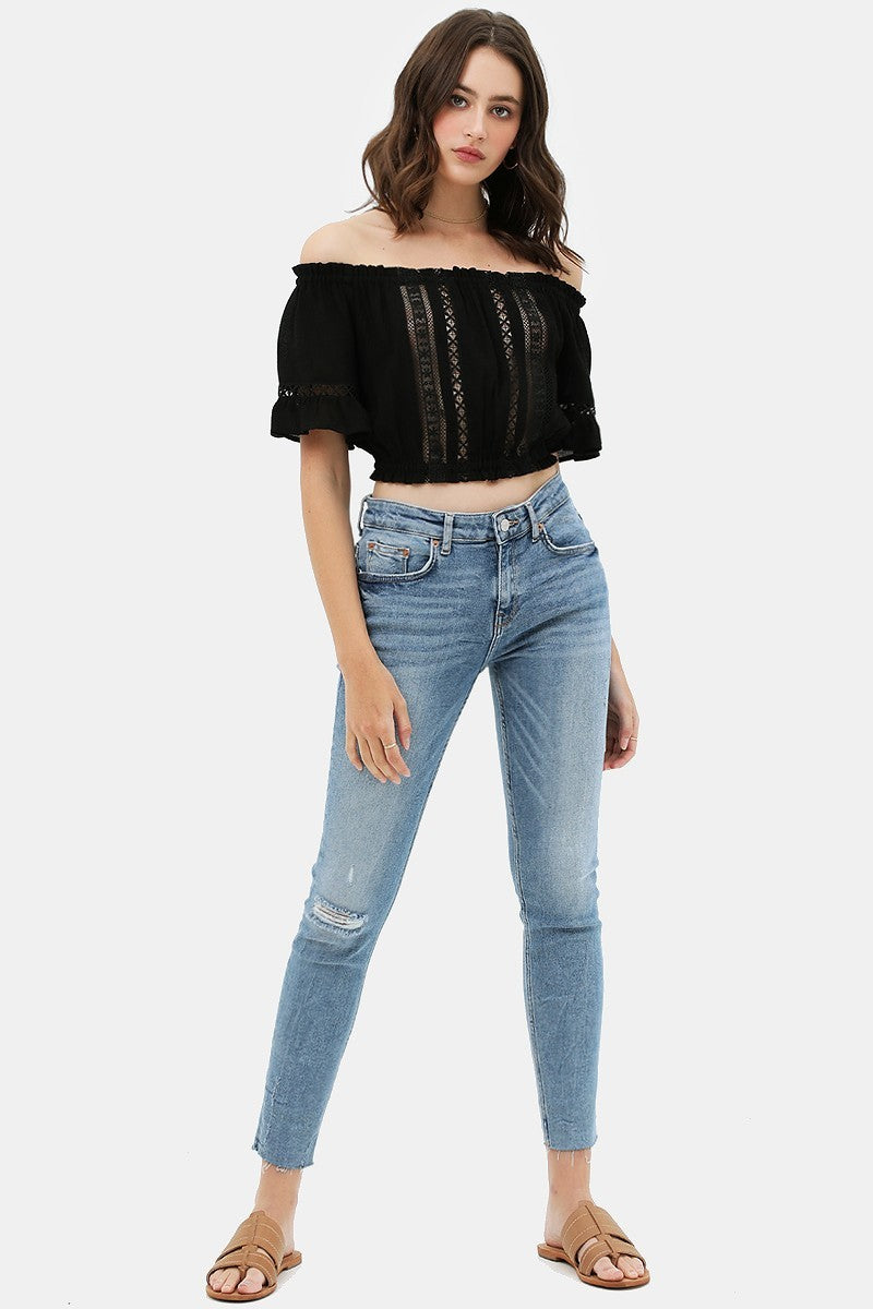 Lace Trim On The Front And Sleeves, Waist Band Cropped Top