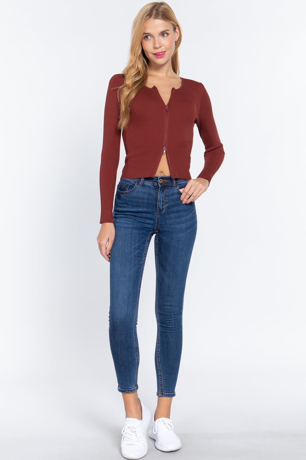 Rib Sweater Top W/front Zipper