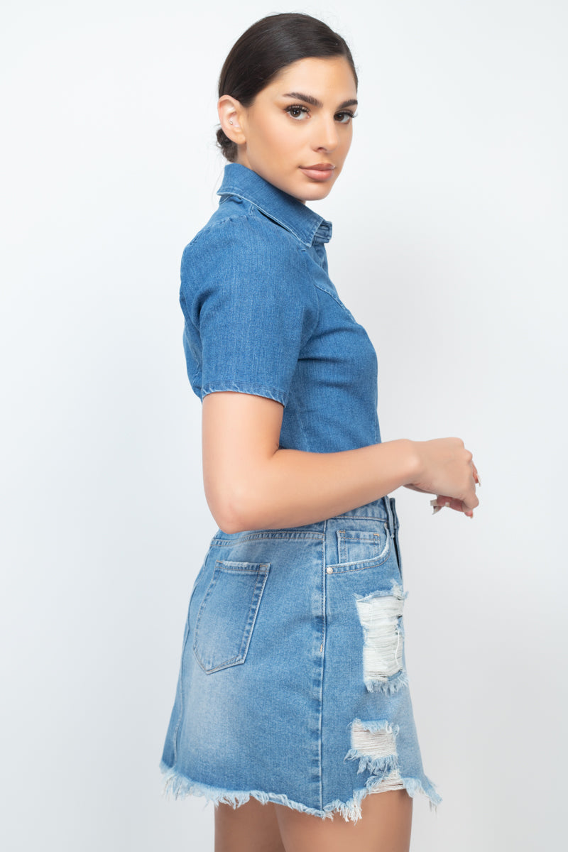 Button-down Collared Denim Top