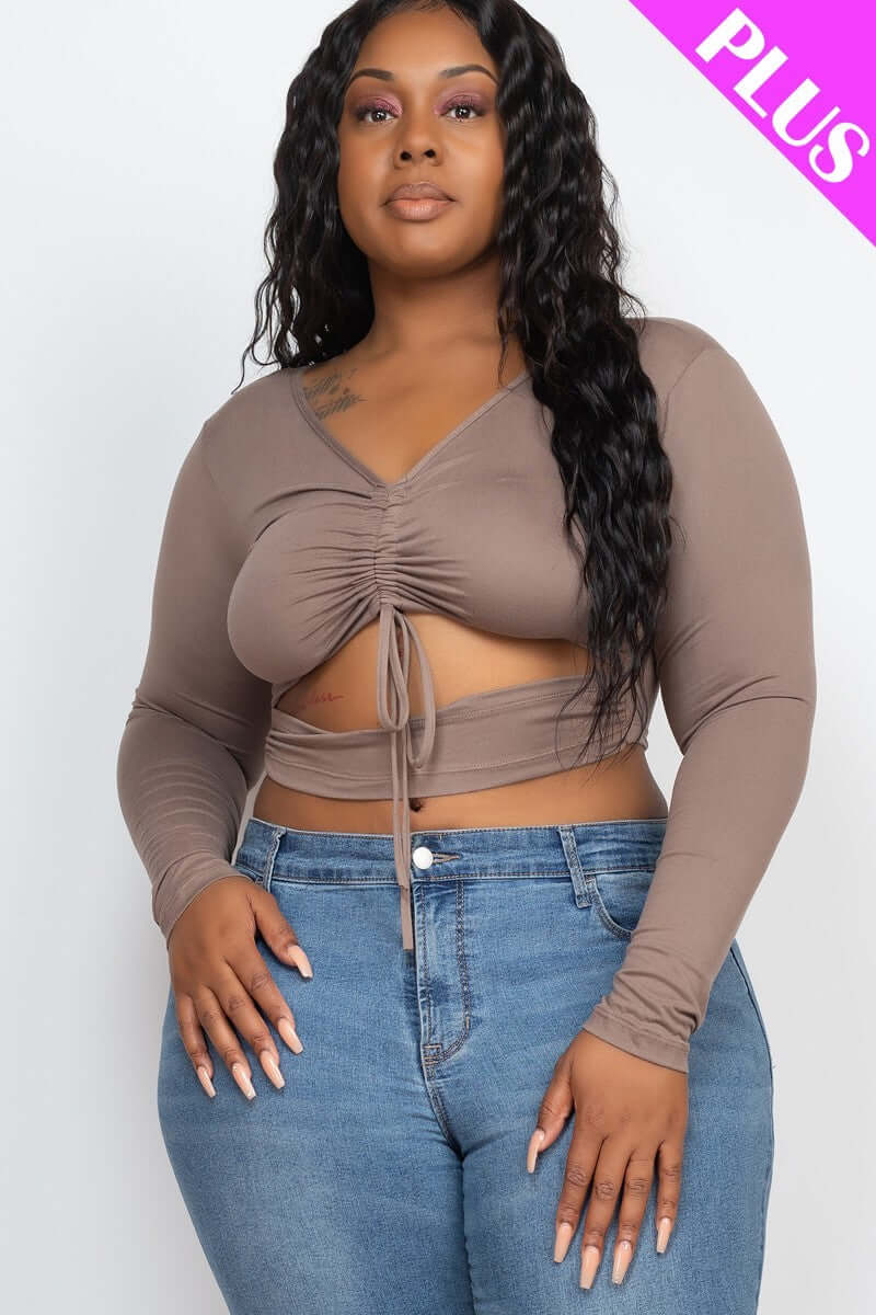 Plus Size Drawstring Ruched Cutout Crop Top - The Diva Goddess