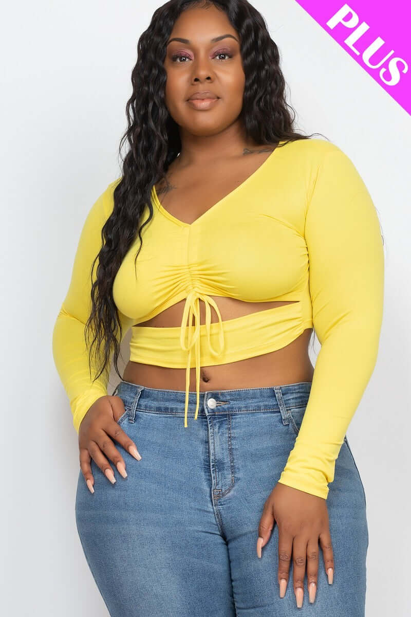 Plus Size Drawstring Ruched Cutout Crop Top - The Diva Goddess