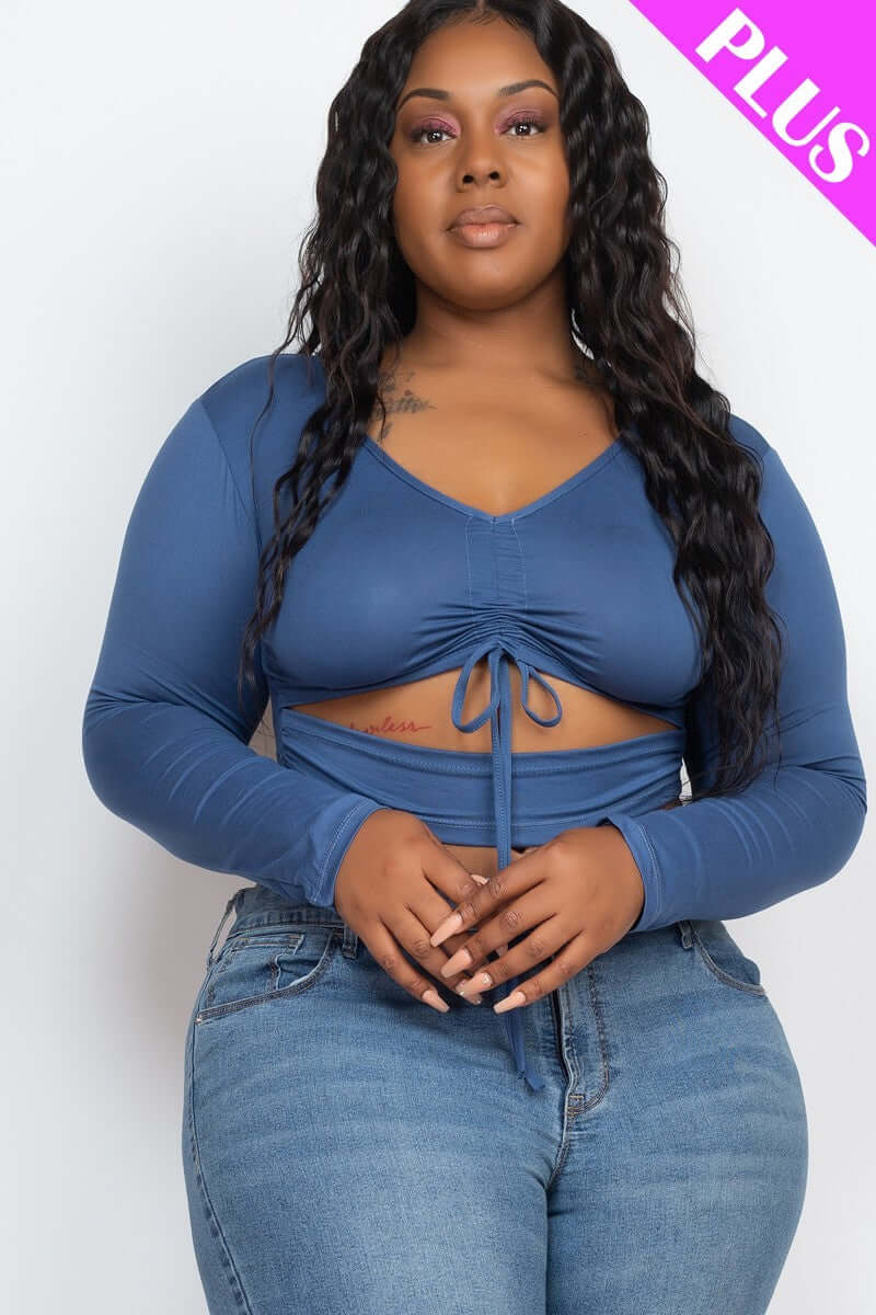 Plus Size Drawstring Ruched Cutout Crop Top - The Diva Goddess